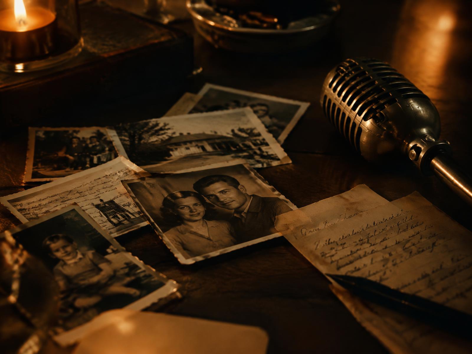 Old family photos beside a vintage microphone